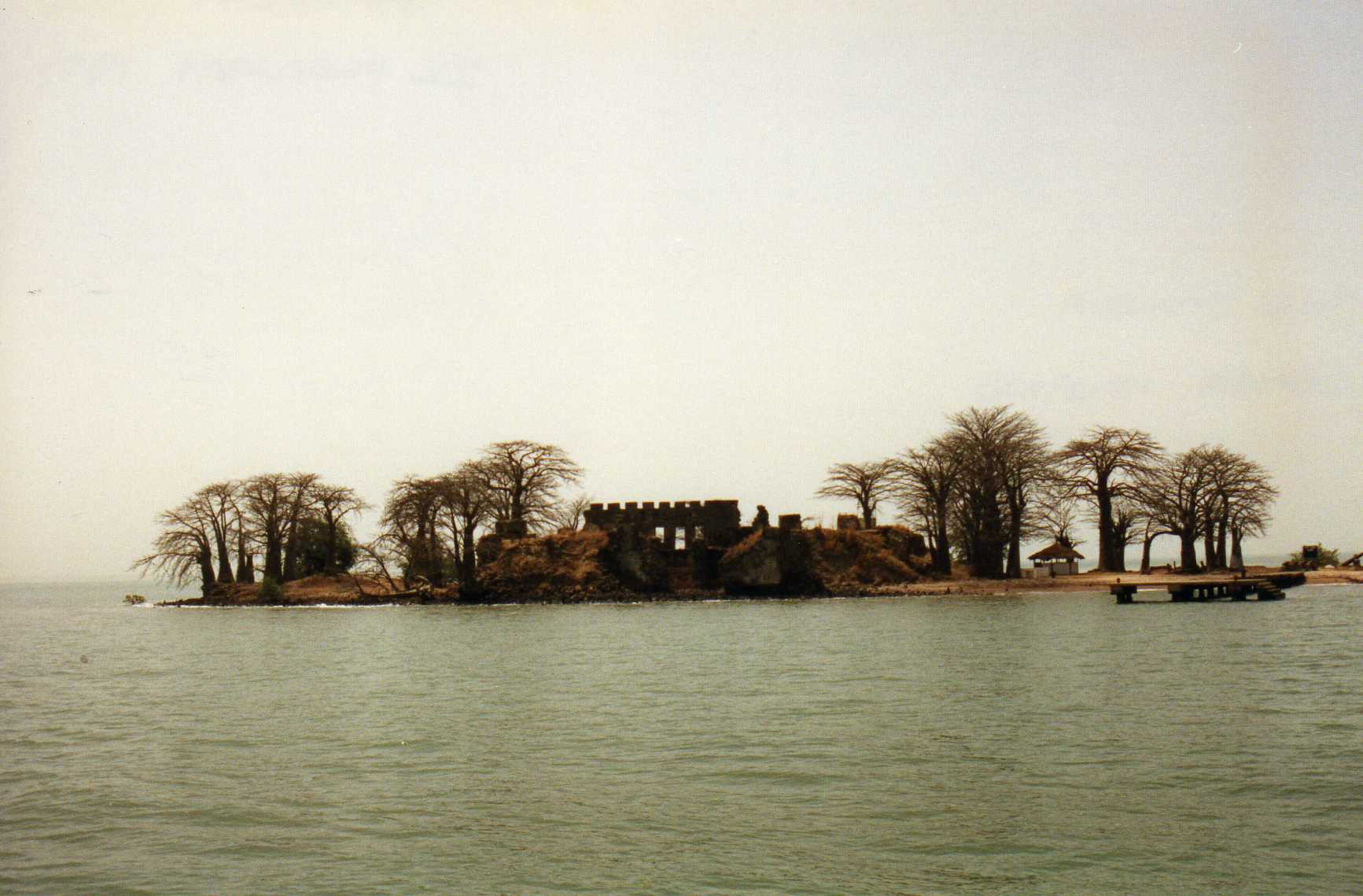 A low island in a wide, hazy river, with the ruins of a fort among bare baobab trees and a wooden jetty on the right.