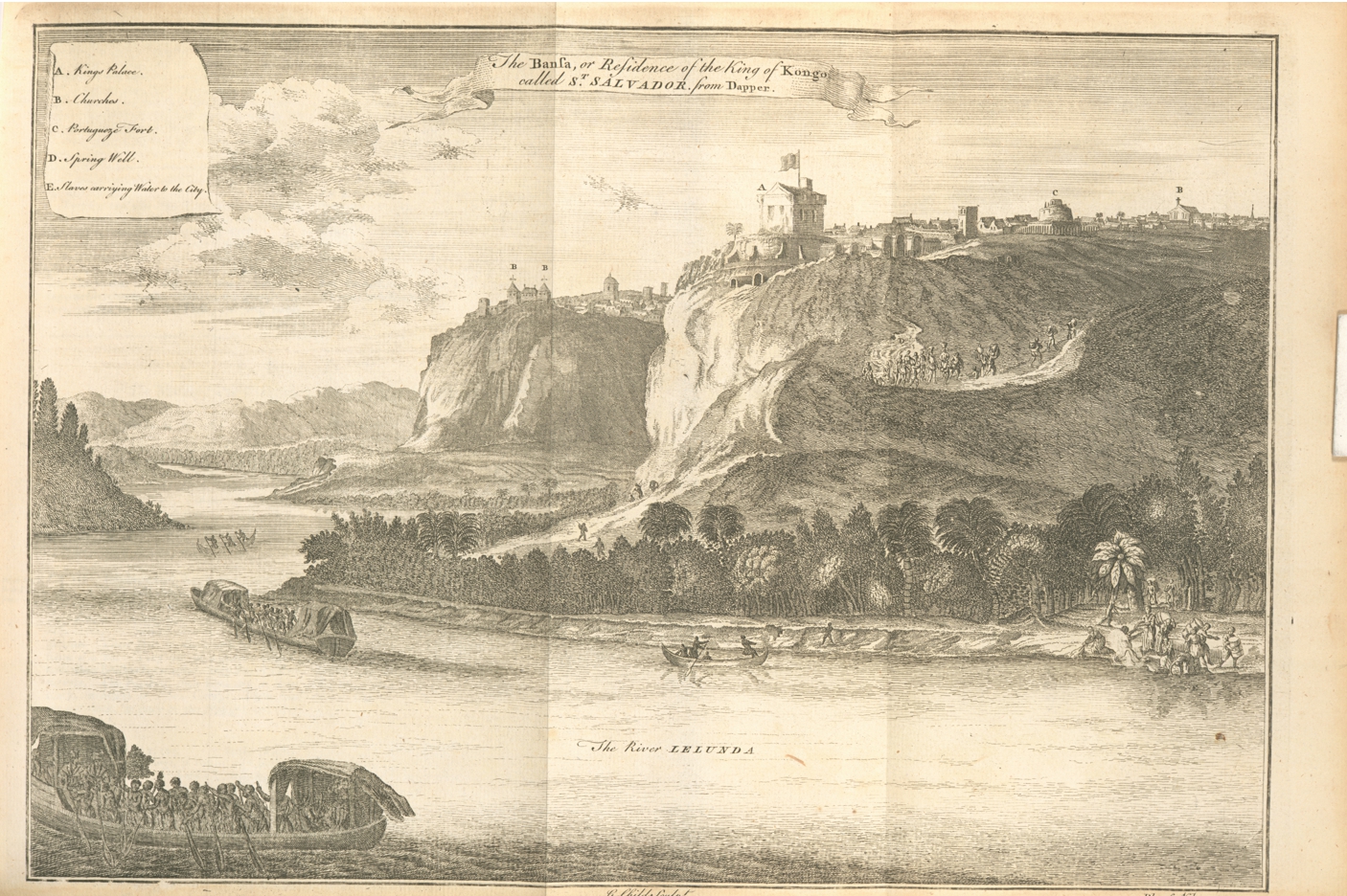 An 18th-century engraving of a hilltop settlement above a river, labelled as the residence of the King of Kongo.
