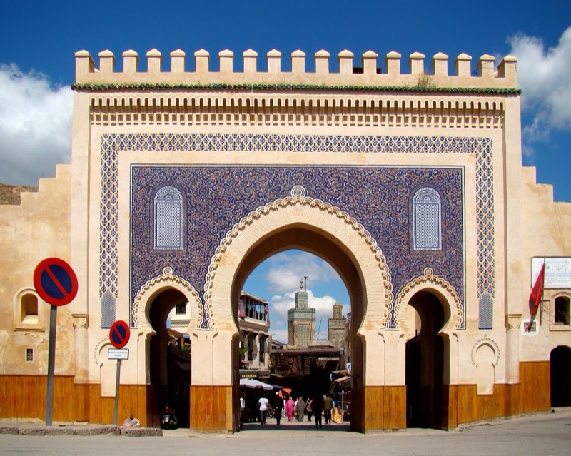 A blue-tiled gate with three arches, Bab Bou Jeloud, in Fez.